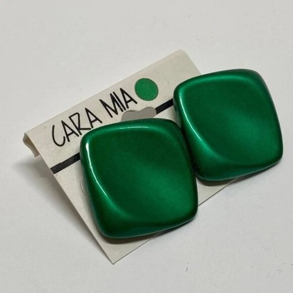 Cara Mia Vintage Earrings Green Polished Acrylic Squares Stud Post 1980's NWT - Picture 3 of 7